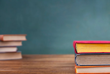 A stack of books on a wooden table in front of a blackboard. Focus on the foregroundの写真素材