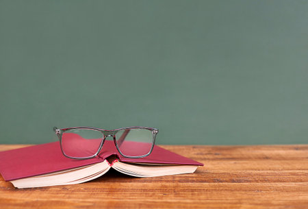 Open book with eyeglasses on wooden table and blackboard backgroundの写真素材