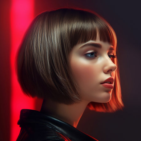 Fashion portrait of a beautiful young woman in black leather jacket.の素材