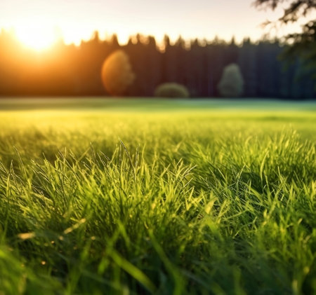 Sunset or sunrise in a field with green grass and trees in the backgroundの素材