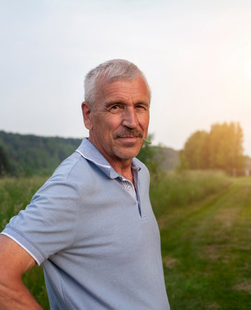 Portrait of a senior man standing in a field at sunset.の写真素材