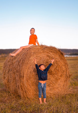 little boy and girl have fun on a haystack in a field.の写真素材