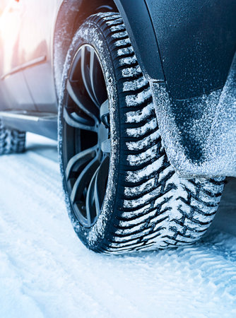 Winter car tires close-up on a winter roadの写真素材
