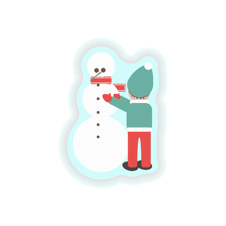 stylish paper sticker on white background Child snowmanのイラスト素材