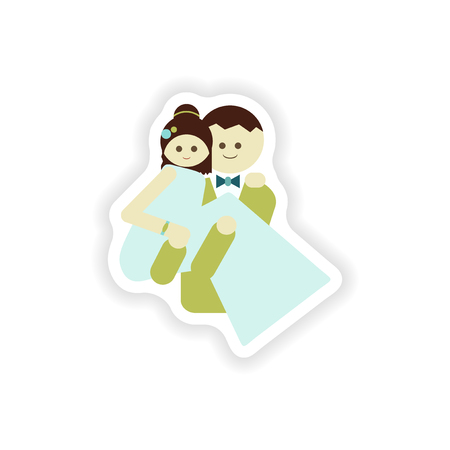 stylish paper sticker on white background groom carries his brideのイラスト素材