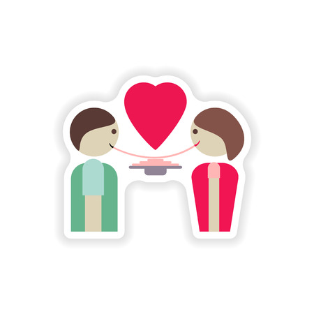 stylish paper sticker on white background, lovers eatingのイラスト素材