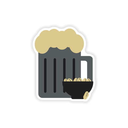 stylish paper sticker on white background glass beer peanutsのイラスト素材
