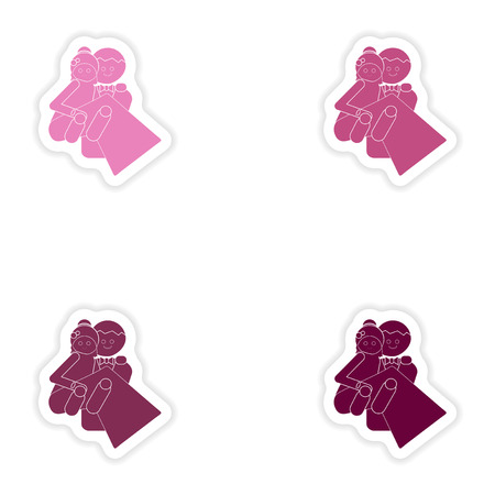 Set of paper stickers on white background  bride and groomのイラスト素材
