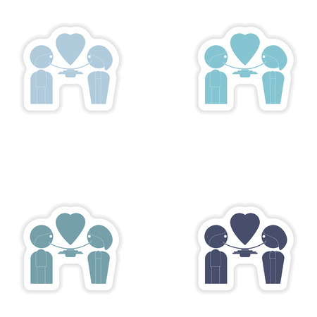 Set of paper stickers on white background  lovers eatingのイラスト素材