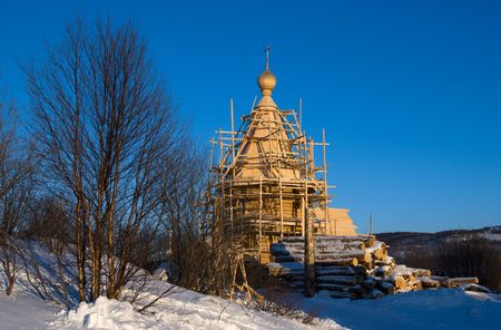 Construction of new christian church in Murmansk. North of Russia.の写真素材