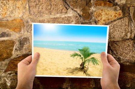 paper in hands and wallの写真素材