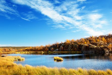 autumn lake in north mountainの写真素材