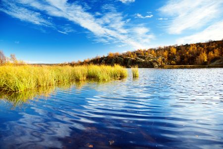 autumn lake in north mountainの写真素材