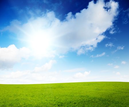 sunny spring day and green fieldの写真素材