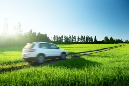 spring field and blured car on ground roadの写真素材