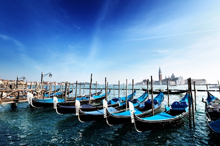 Gondolas on Grand Canal and San Giorgio Maggiore church in Veniceの写真素材