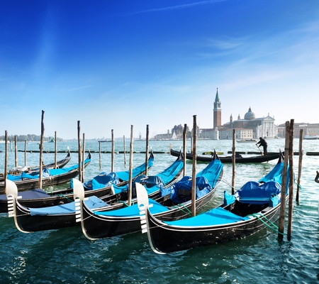 Gondolas on Grand Canal and San Giorgio Maggiore church in Veniceの写真素材