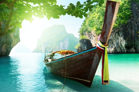 boat and islands in andaman sea Thailandの写真素材