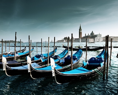 Gondolas on Grand Canal and San Giorgio Maggiore church in Veniceの写真素材