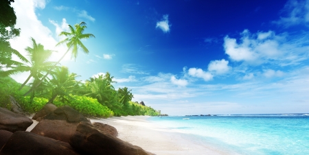 beach in sunset time on Mahe island in Seychellesの写真素材