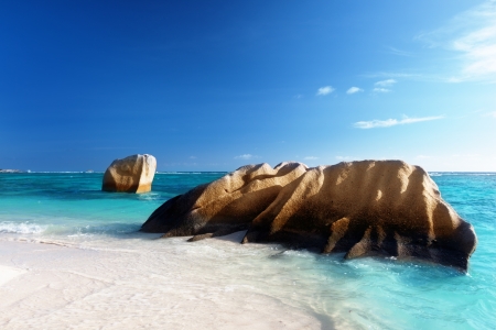 sunset on the beach, Anse Source d'Argent, La Digue island, Seychellesの写真素材