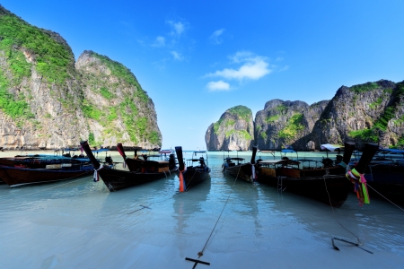 boats at Maya bay Phi Phi Leh island, Thailandの写真素材