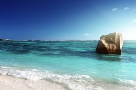 sunset on the beach, Anse Source d'Argent, La Digue island, Seychellesの写真素材