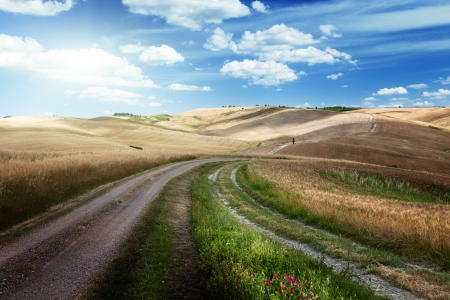 Road between the Fields of Tuscany, Italyの写真素材