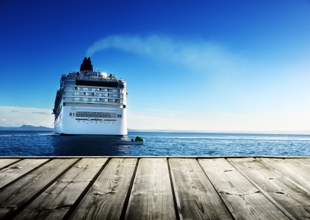 Caribbean sea and cruise ship and wood pierの写真素材