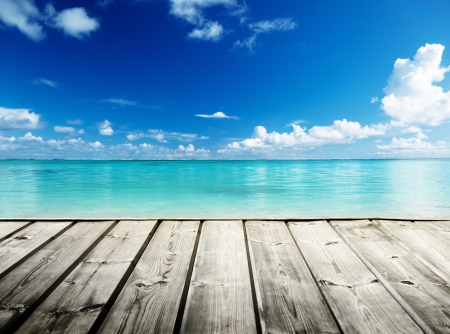 Caribbean sea and wooden platformの写真素材