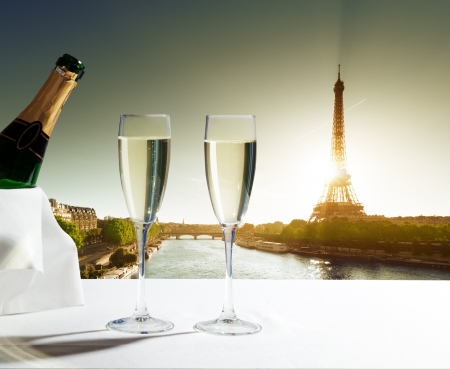 champaign Glasses and  Eiffel tower in Parisの写真素材