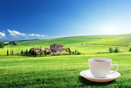 cup coffee and tuscany landscape, Italyの写真素材