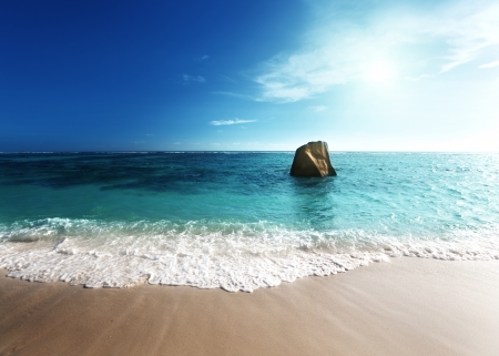 sunset on the beach, Anse Source dの写真素材