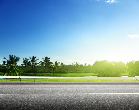 asphalt road and tropical forestの写真素材