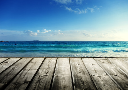Seychelles beach and wooden pierの写真素材