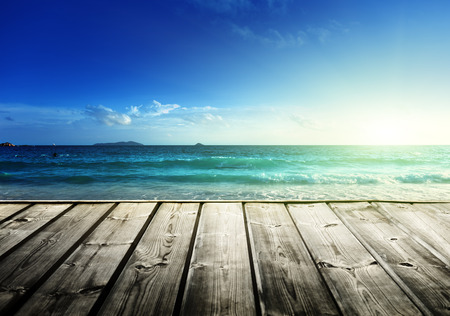 Seychelles beach and wooden pierの写真素材