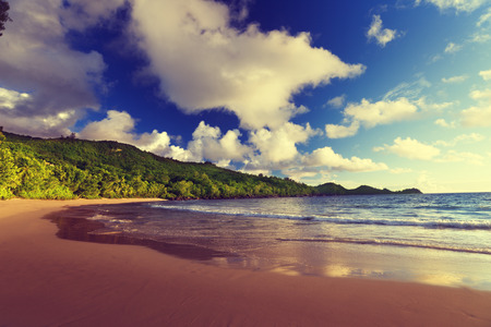 sunset on Seychelles beach, Mahe islandの写真素材