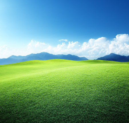 green field and mountainsの写真素材
