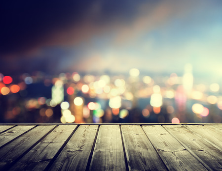 wooden platform and lights of night Hong Kong wooden platform and lights of night Hong Kong