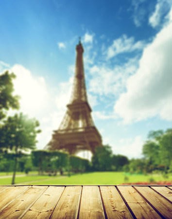 Eiffel tower in Paris and wooden surfaceの写真素材