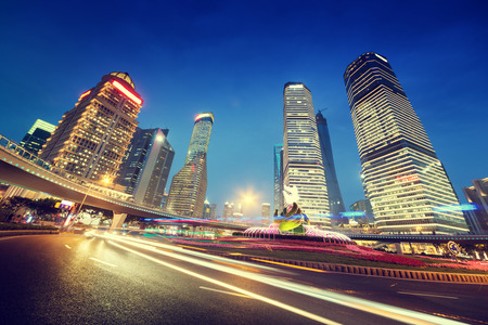 night traffic in Shanghai Lujiazui Finance centreの写真素材