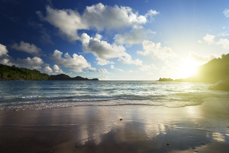 sunset on the tropical beach, Mahe island, Seychellesの写真素材