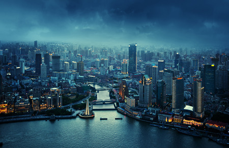 skyline of Shanghai at sunset, China
