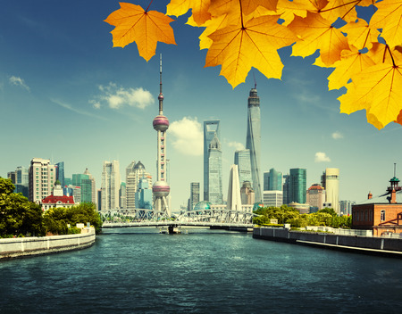 Shanghai skylineand autumn leaves, Chinaのeditorial素材