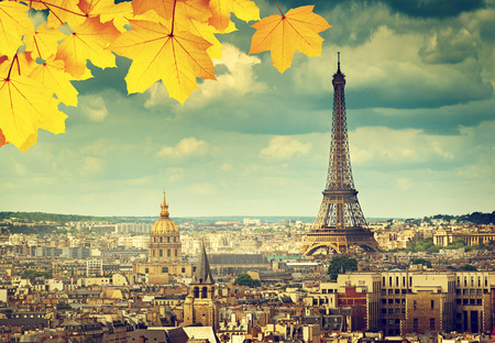 autumn leaves in Paris and Eiffel towerの写真素材