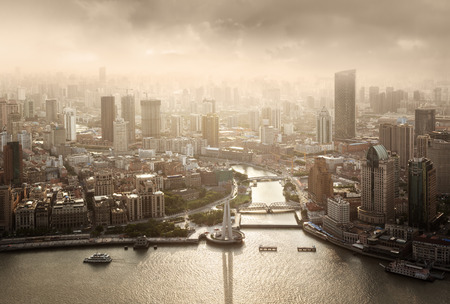 skyline of Shanghai at sunset, Chinaの写真素材