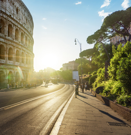 road to Colosseum in sunset time, Rome, Italyの写真素材