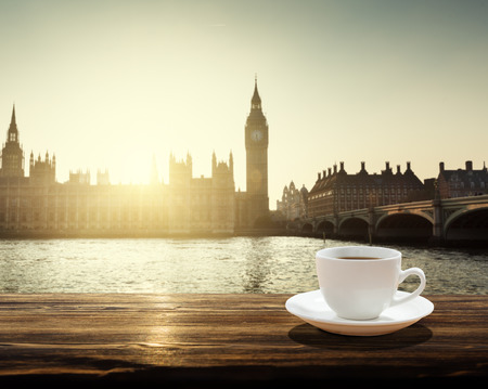 Big Ben at sunset and cup of coffee, London, UKの写真素材