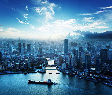skyline of Shanghai at sunset, Chinaの写真素材