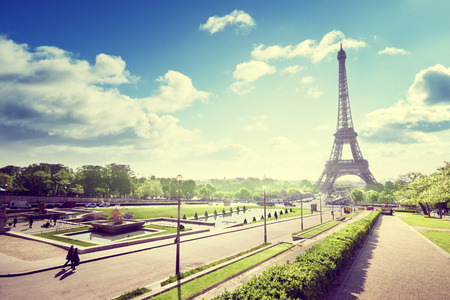 sunny morning and Eiffel Tower, Paris, Franceの写真素材